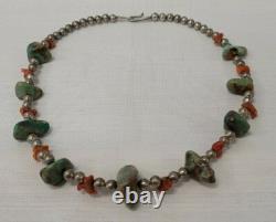 18 Native American Navajo Heishi Turquoise Coral Nugget Bead Necklace Silver