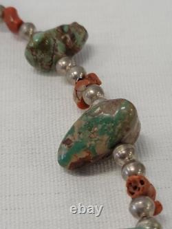 18 Native American Navajo Heishi Turquoise Coral Nugget Bead Necklace Silver