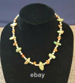 18 Native American Navajo Heishi Turquoise Coral Nugget Bead Necklace Silver