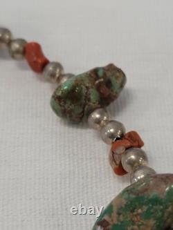 18 Native American Navajo Heishi Turquoise Coral Nugget Bead Necklace Silver