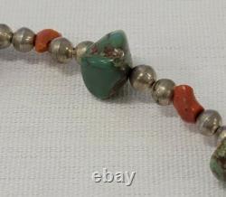 18 Native American Navajo Heishi Turquoise Coral Nugget Bead Necklace Silver