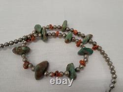 18 Native American Navajo Heishi Turquoise Coral Nugget Bead Necklace Silver
