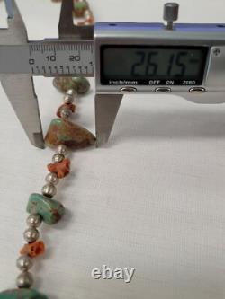 18 Native American Navajo Heishi Turquoise Coral Nugget Bead Necklace Silver
