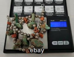 18 Native American Navajo Heishi Turquoise Coral Nugget Bead Necklace Silver