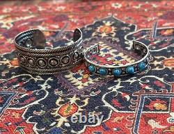 (2)-Tribal Turquoise Navajo Style Oxidized Sterling Silver Plated Cuff Bracelets