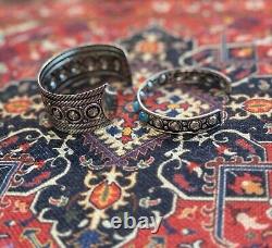 (2)-Tribal Turquoise Navajo Style Oxidized Sterling Silver Plated Cuff Bracelets