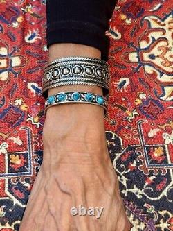 (2)-Tribal Turquoise Navajo Style Oxidized Sterling Silver Plated Cuff Bracelets