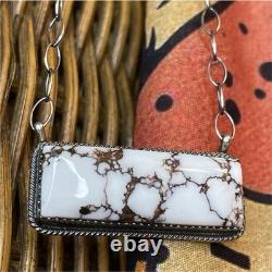 925 Sterling Silver Native American Navajo Made Tia Long Wildhorse Bar Necklace