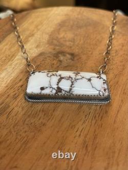 925 Sterling Silver Native American Navajo Made Tia Long Wildhorse Bar Necklace