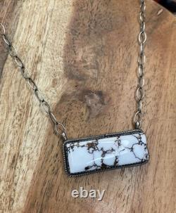 925 Sterling Silver Native American Navajo Made Tia Long Wildhorse Bar Necklace