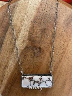 925 Sterling Silver Native American Navajo Made Tia Long Wildhorse Bar Necklace