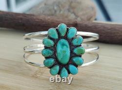 925 Sterling Silver Turquoise Flower Cuff Bracelet, Southwestern Boho Jewelry