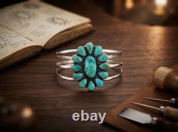 925 Sterling Silver Turquoise Flower Cuff Bracelet, Southwestern Boho Jewelry