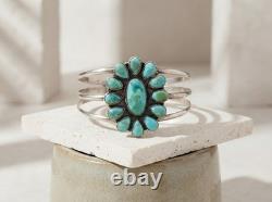 925 Sterling Silver Turquoise Flower Cuff Bracelet, Southwestern Boho Jewelry