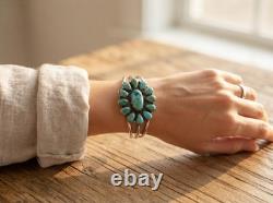 925 Sterling Silver Turquoise Flower Cuff Bracelet, Southwestern Boho Jewelry