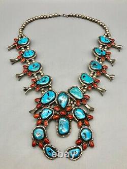 A Bold, Vintage Turquoise and Coral Squash Blossom Necklace