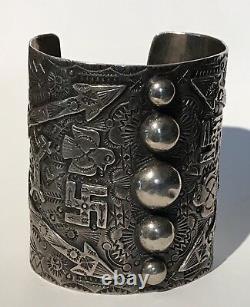 Amazing Extra Wide Vintage Navajo Indian Whirling Log Arrow Silver Cuff Bracelet