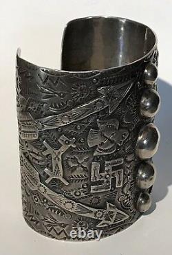 Amazing Extra Wide Vintage Navajo Indian Whirling Log Arrow Silver Cuff Bracelet