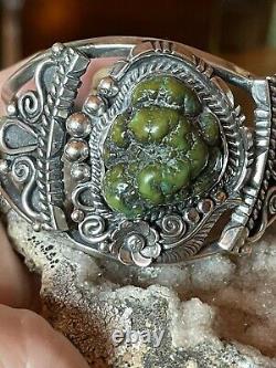 Amazing Native American Navajo Olive Green Royston Nugget Ss Cuff By Delvin John