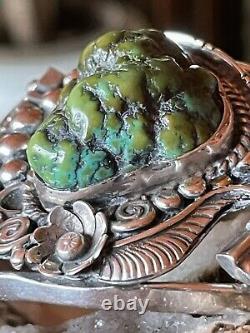 Amazing Native American Navajo Olive Green Royston Nugget Ss Cuff By Delvin John