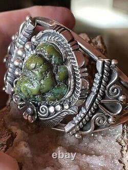 Amazing Native American Navajo Olive Green Royston Nugget Ss Cuff By Delvin John