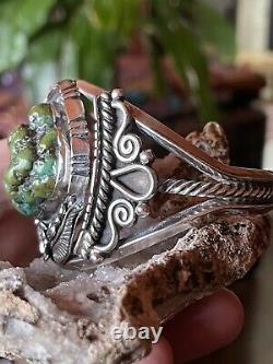 Amazing Native American Navajo Olive Green Royston Nugget Ss Cuff By Delvin John