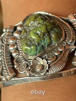 Amazing Native American Navajo Olive Green Royston Nugget Ss Cuff By Delvin John