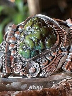 Amazing Native American Navajo Olive Green Royston Nugget Ss Cuff By Delvin John