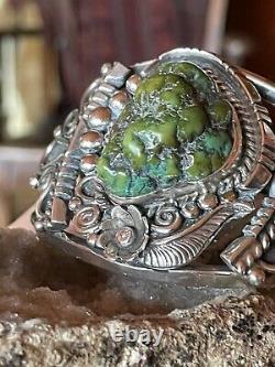 Amazing Native American Navajo Olive Green Royston Nugget Ss Cuff By Delvin John