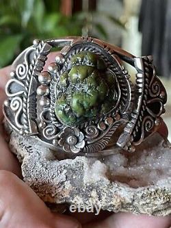 Amazing Native American Navajo Olive Green Royston Nugget Ss Cuff By Delvin John