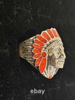 American Indian Chief Warrior Ring 925 STERLING SILVER Natural Coral