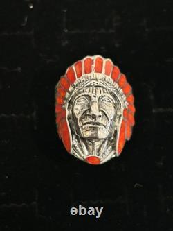 American Indian Chief Warrior Ring 925 STERLING SILVER Natural Coral