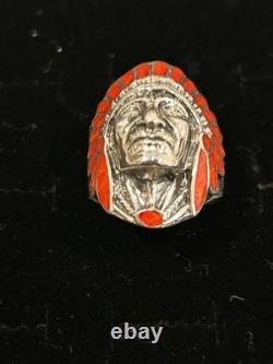 American Indian Chief Warrior Ring 925 STERLING SILVER Natural Coral