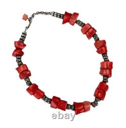 Antique Native American Navajo 128 Grams Coral And Silver Chocker Necklace