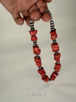 Antique Native American Navajo 128 Grams Coral And Silver Chocker Necklace