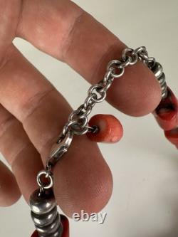 Antique Native American Navajo 128 Grams Coral And Silver Chocker Necklace