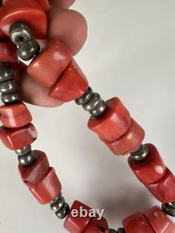 Antique Native American Navajo 128 Grams Coral And Silver Chocker Necklace