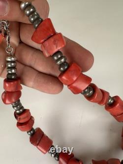 Antique Native American Navajo 128 Grams Coral And Silver Chocker Necklace