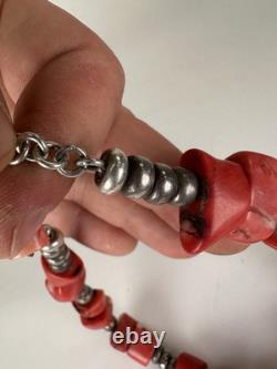 Antique Native American Navajo 128 Grams Coral And Silver Chocker Necklace