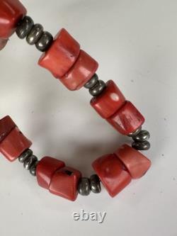 Antique Native American Navajo 128 Grams Coral And Silver Chocker Necklace