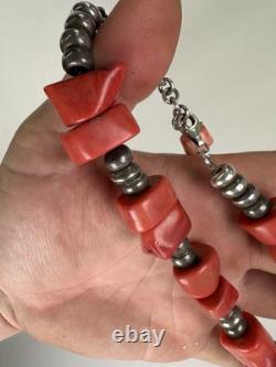 Antique Native American Navajo 128 Grams Coral And Silver Chocker Necklace