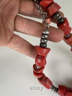 Antique Native American Navajo 128 Grams Coral And Silver Chocker Necklace