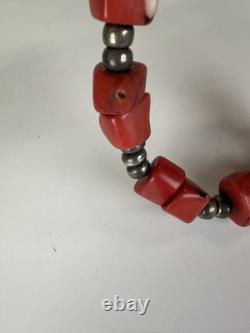 Antique Native American Navajo 128 Grams Coral And Silver Chocker Necklace