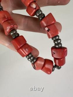Antique Native American Navajo 128 Grams Coral And Silver Chocker Necklace