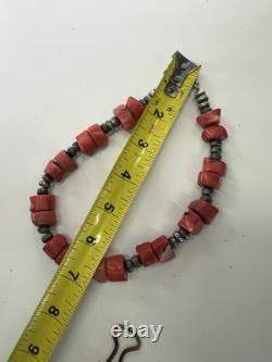 Antique Native American Navajo 128 Grams Coral And Silver Chocker Necklace