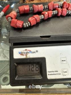Antique Native American Navajo 128 Grams Coral And Silver Chocker Necklace