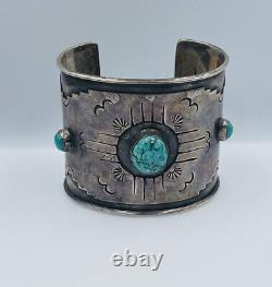 Antique Old Pawn Navajo Sterling Silver Blue Turquoise Wide Cuff Bracelet