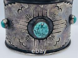 Antique Old Pawn Navajo Sterling Silver Blue Turquoise Wide Cuff Bracelet