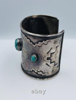 Antique Old Pawn Navajo Sterling Silver Blue Turquoise Wide Cuff Bracelet