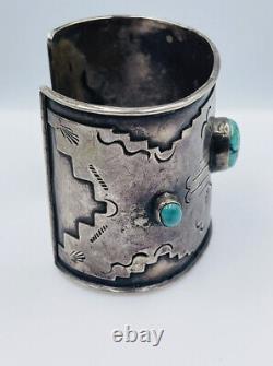 Antique Old Pawn Navajo Sterling Silver Blue Turquoise Wide Cuff Bracelet